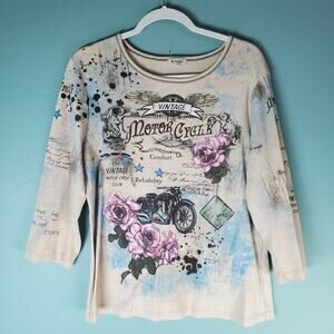 Cactus Womens Cream Vintage Motorcycle Rose Casual Long Sleeve Top Size Large